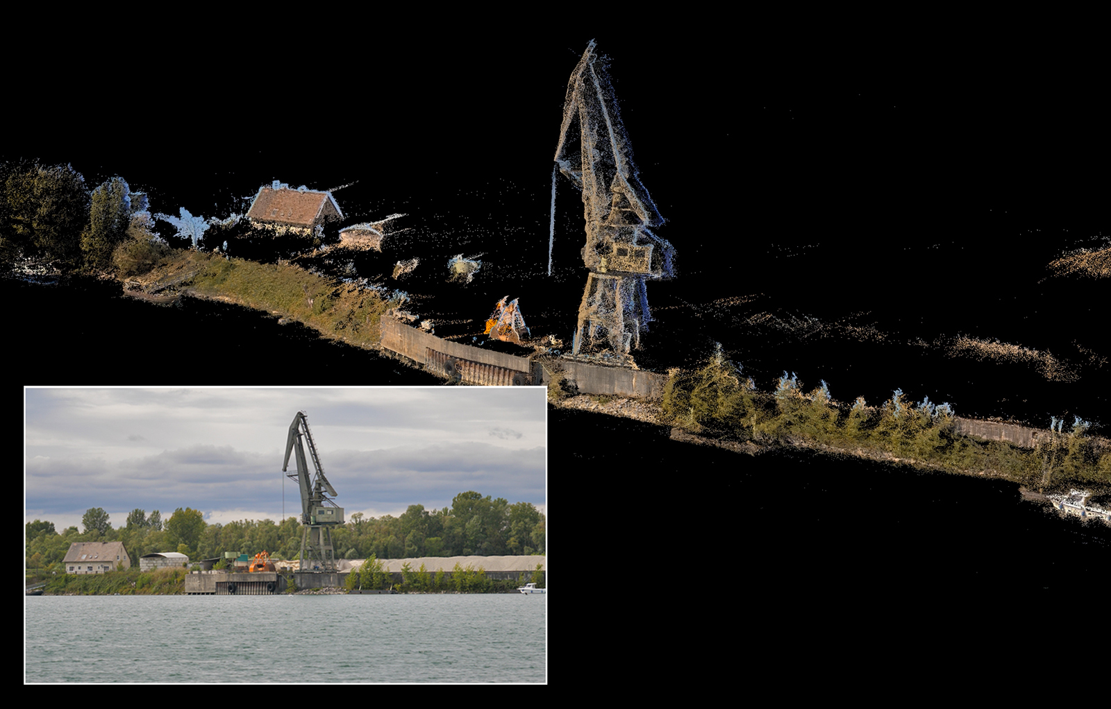Dreidimensionale Rekonstruktion der Uferbebauung durch die Fusion von Kameras und Laserscanner – sowie zum Vergleich ein Foto desselben Uferabschnitts aus Perspektive des Wasserfahrzeugs