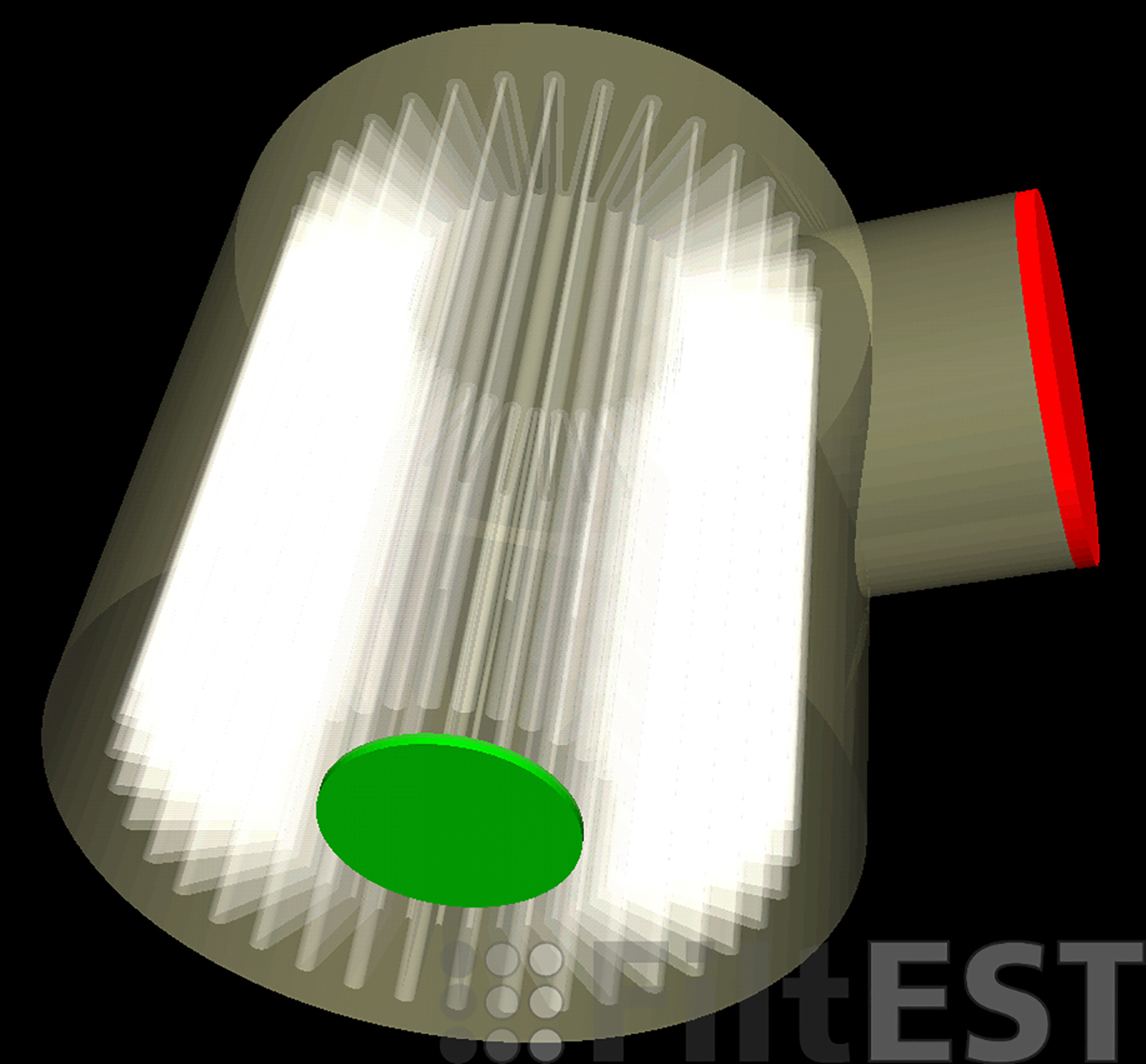 Cylindrical housing with pleated filter medium (star filter), side inlets (red) and central outlet (green).