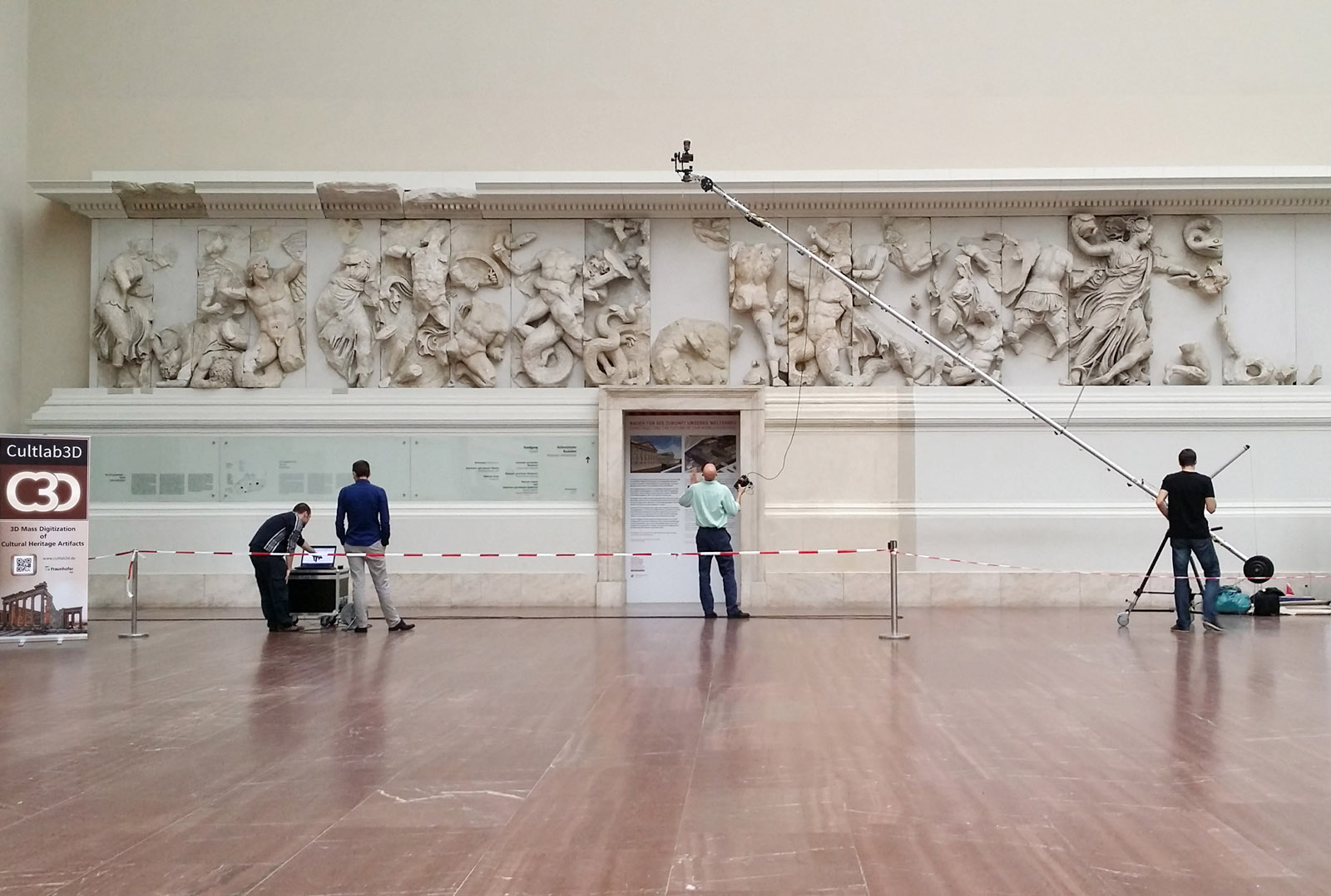Researchers use a laser scanner to scan the frieze of the Pergamon Altar.