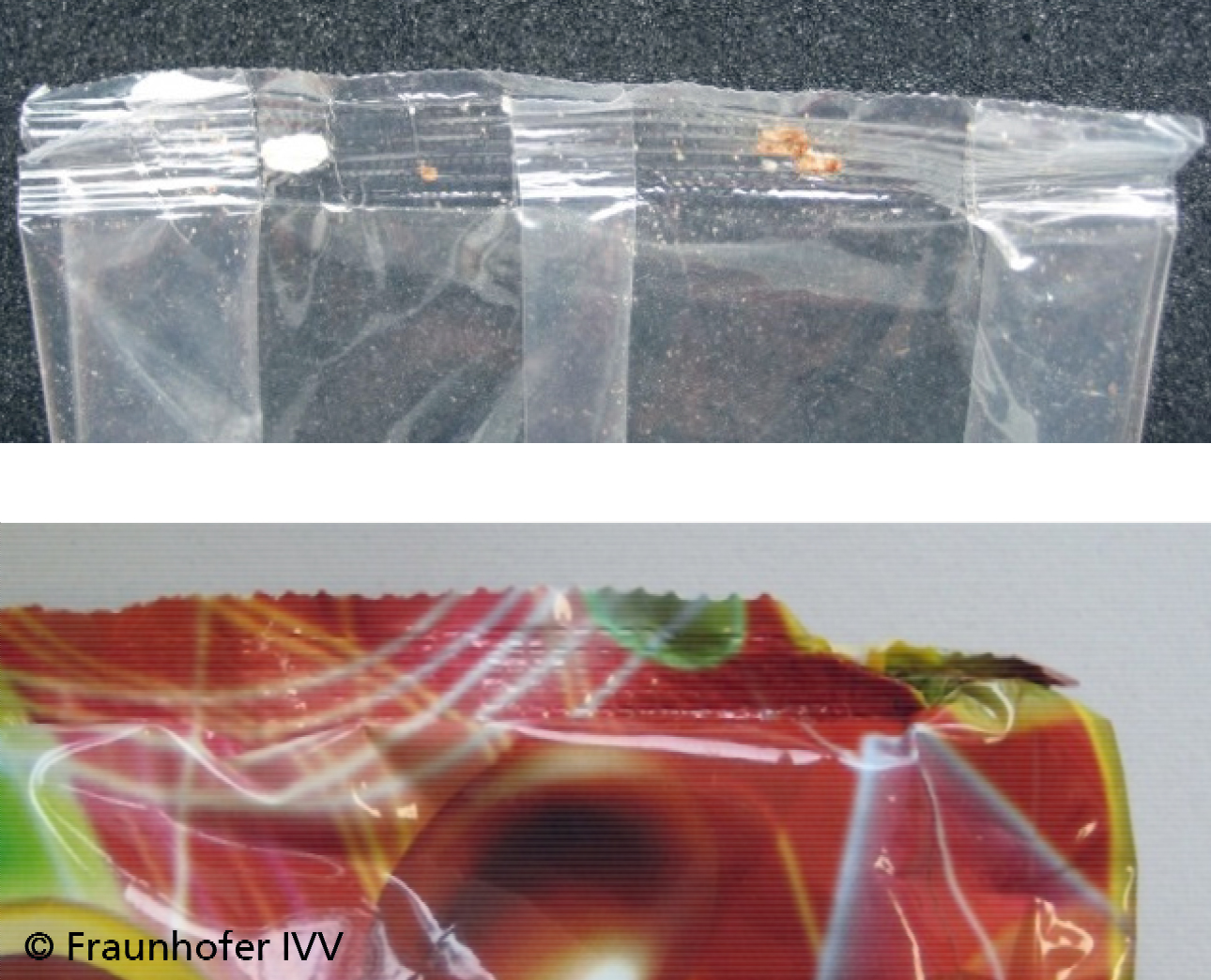 Beispiele undichter oder optisch mangelhafter Folienverpackungen: Kontaminationen durch Füllgut in der Siegelnaht (oben) und Falten in der Fügenaht (unten).