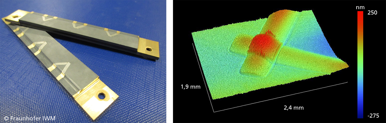 Mit Dünnschichtsensoren ausgestattete Siegelschienen (links). Weißlichtinterferometrische Aufnahme einer Messstelle mit Leiterbahnen von ca. 250 nm Dicke und ca. 600 µm Breite (rechts).