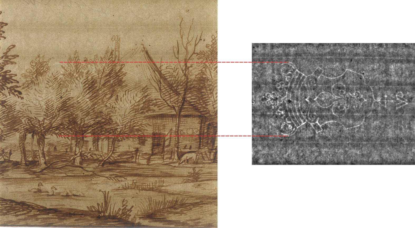 Foto einer Handzeichnung von Jan Lievens aus der Rembrandt-Schule (links). In dieser Durchlichtaufnahme ist das bekrönte Lilienwappen als Wasserzeichen im Gegensatz zu der Thermographieaufnahme (rechts) nicht zu erkennen.