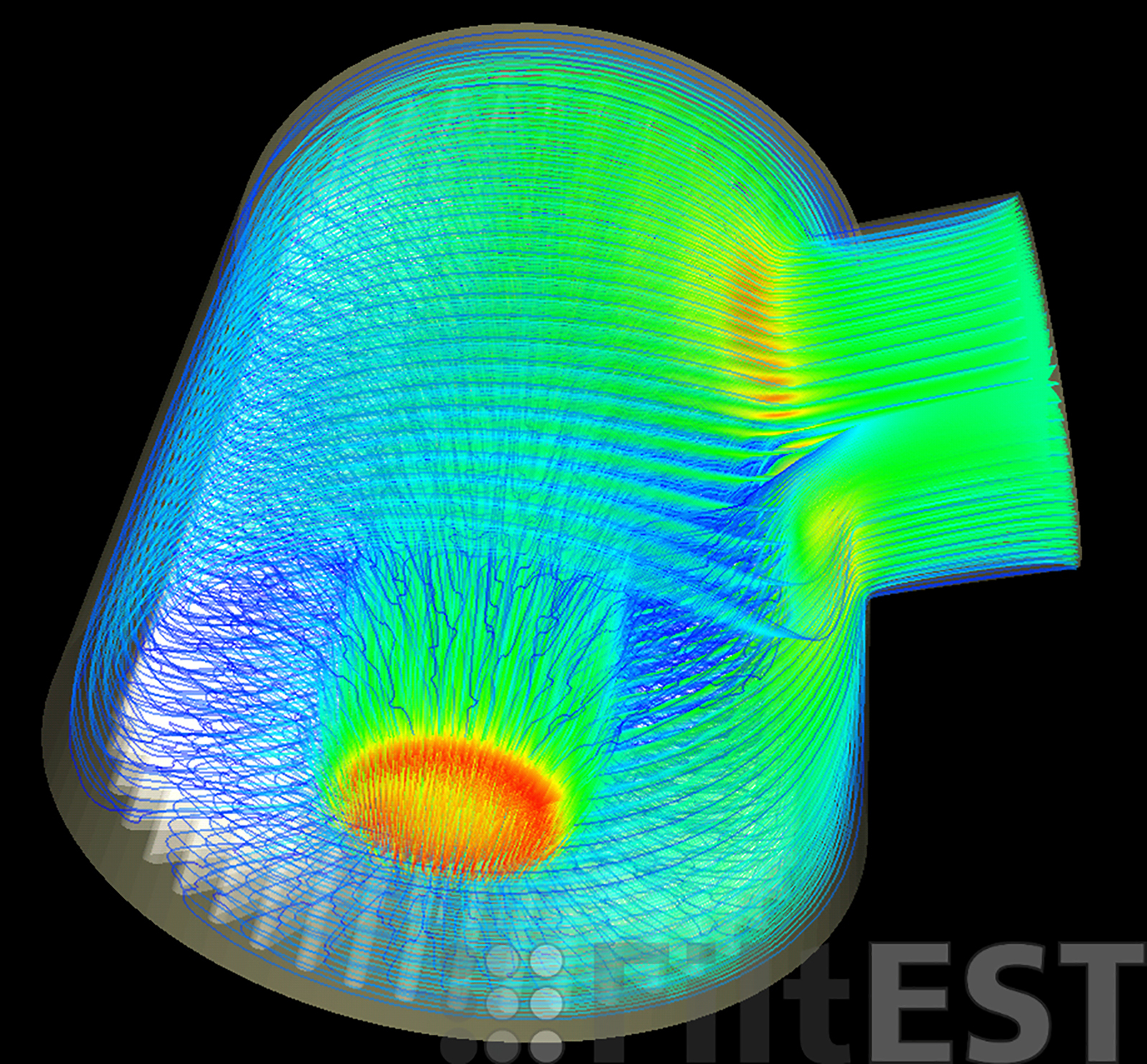 Numerisch berechnete Strömung durch das Filterelement: Stromliniendarstellung der Fluidgeschwindigkeit. 