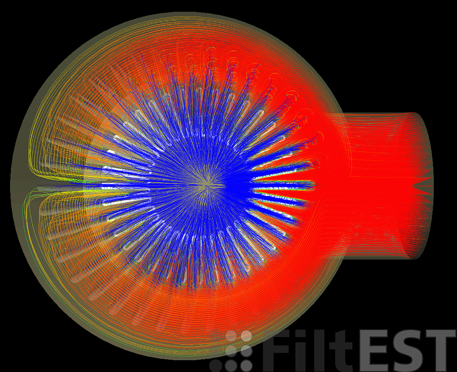 Numerisch berechnete Strömung durch das Filterelement: Stromliniendarstellung der Fluidgeschwindigkeit. 