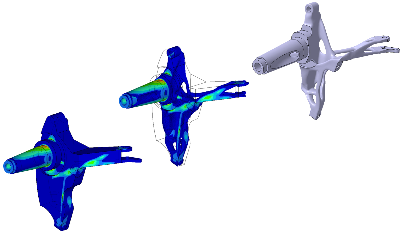 Finite-Elemente-Analyse des Startdesigns eines Technologiedemonstrators »Radträger« (links), numerische Designoptimierung des Technologiedemonstrators zur Reduktion der Masse ohne funktionelle Beeinträchtigung der Komponente (Mitte) und CAD-Vorlage zur Fertigung des  3D-Metallbauteils (rechts).