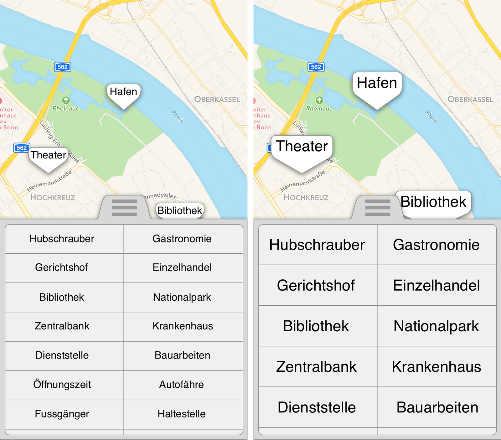 Aufgrund der Untersuchungsergebnisse optimal an das Stehen (links) und das zügige Gehen (rechts) angepasste GUIs.