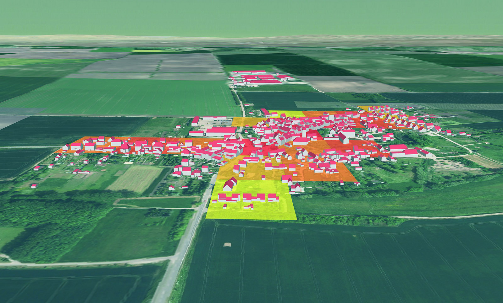 Abb. 1 Visualisierter Wärmebedarf der Gemeinde Neumark (486 Einwohner) im 100 x 100 m Raster. Dunkle Farben deuten auf einen hohen Wärmebedarf hin. Die Ergebnisse wurden anhand der Gebäudestrukturen abgeschätzt.
