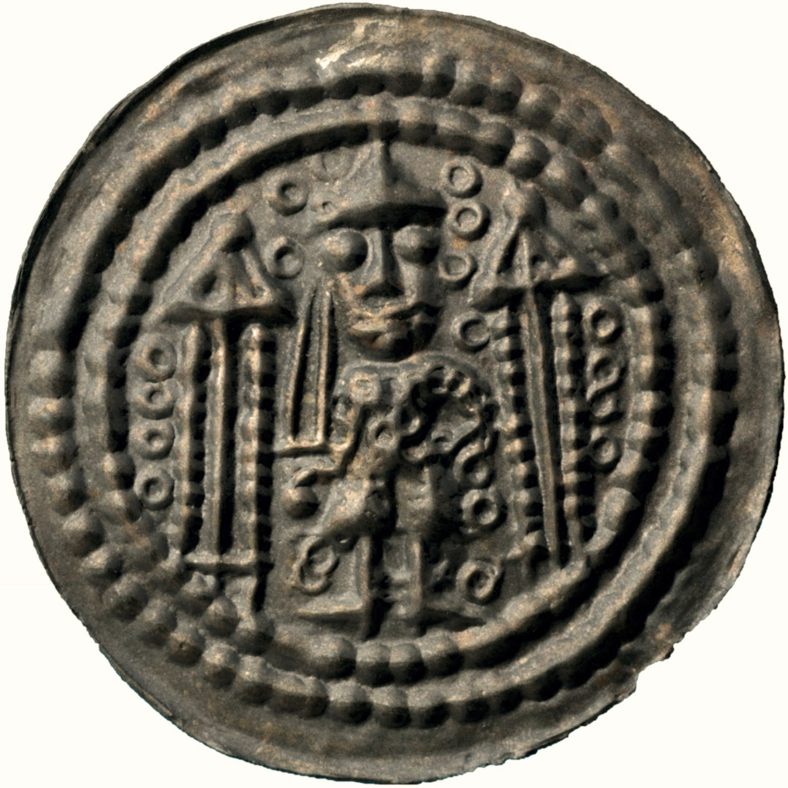 Münze des Münzherren Konrad Markgraf von Meißen, Prägedatum um 1150 – Kombininierte Darstellung der Grundfarbe und Oberfläche.
