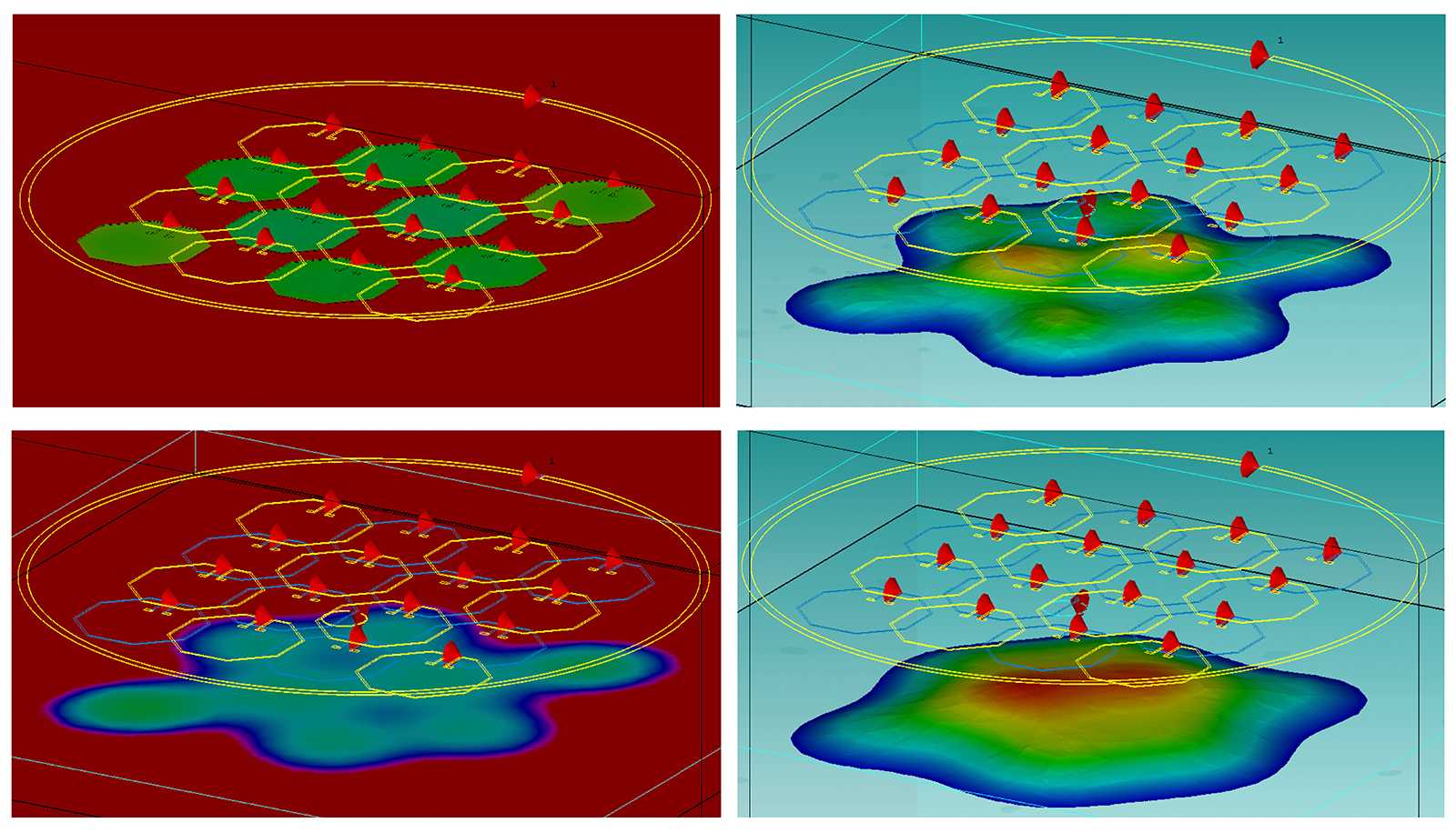 Phasenbilder in zwei verschiedenen Tiefen (links) und Magnitudenbilder des Magnetfeldes (rechts) für unterschiedliche resonante Muster in einem Metamaterial-Array.