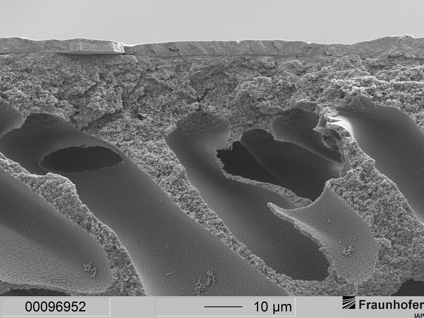 Membranmorphologie mit Schaumschicht. Die Schaumschicht hat eine stützende Funktion, hindert aber den konvektiven Transport zur Grenzschicht. Solche Strukturen sind druckstabil.