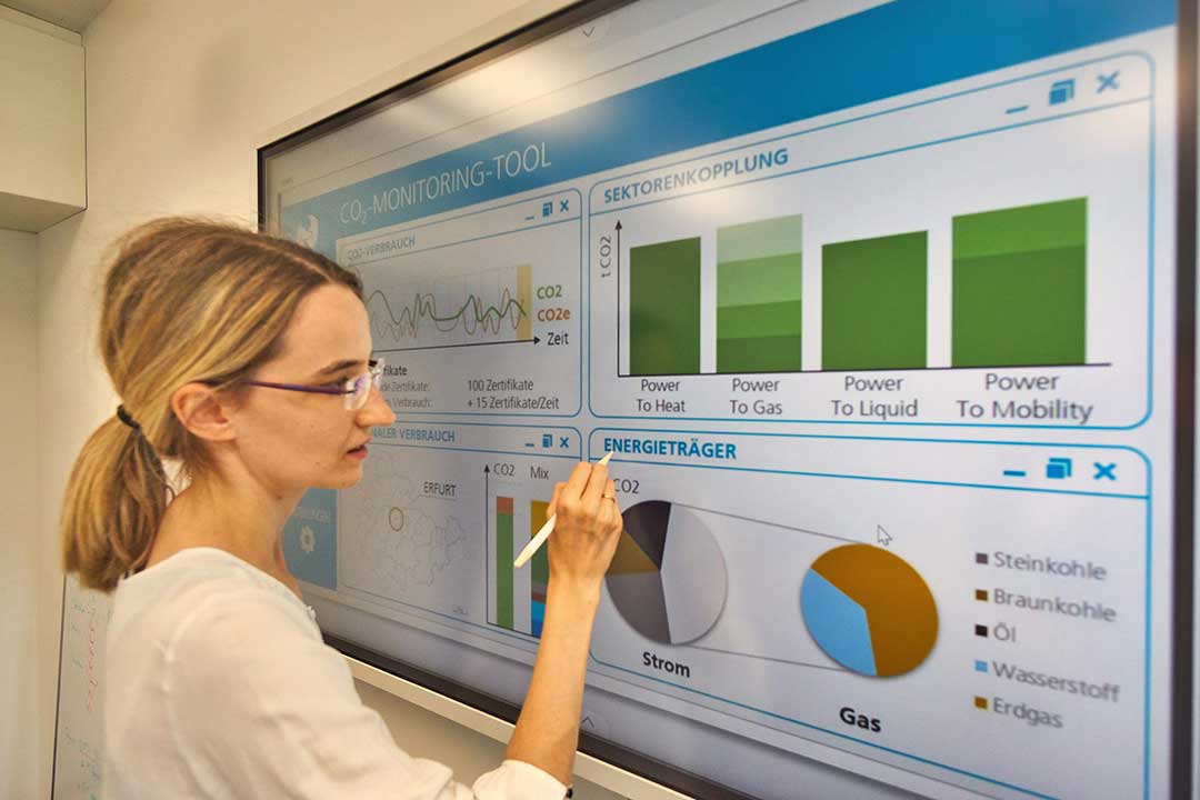 ZO.RRO-Projektmitarbeiterin Juliane Sauerbrey vor dem vom Fraunhofer IOSB-AST entwickelten CO2-Monitoring-Dashboard.