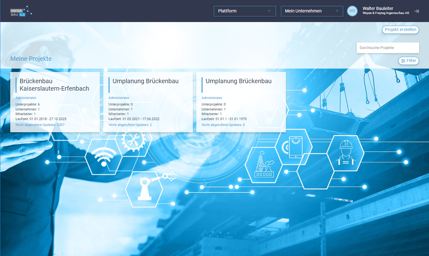 Die Infra-Bau-4.0-Plattform in der Projektübersicht.