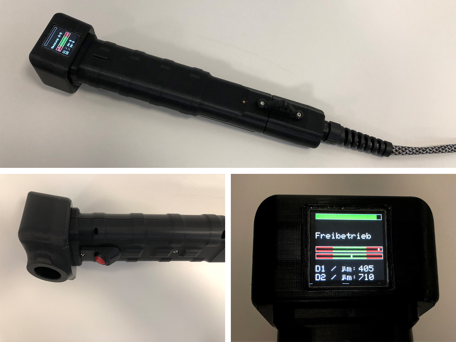 Der Messkopf des mobilen Terahertz-Systems bietet ein Farbdisplay mit Signalstärke-Feedback, Betriebsmodus und Schichtdicken-Ergebnissen.