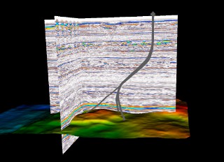 Typische seismische Untergrunddarstellung mit eingepflegten Bohrlochpfaden und der Oberfläche einer Gesteinsschicht.  Datenmaterial zur Verfügung gestellt durch Equinor und den Volve-Lizenz Partnern.