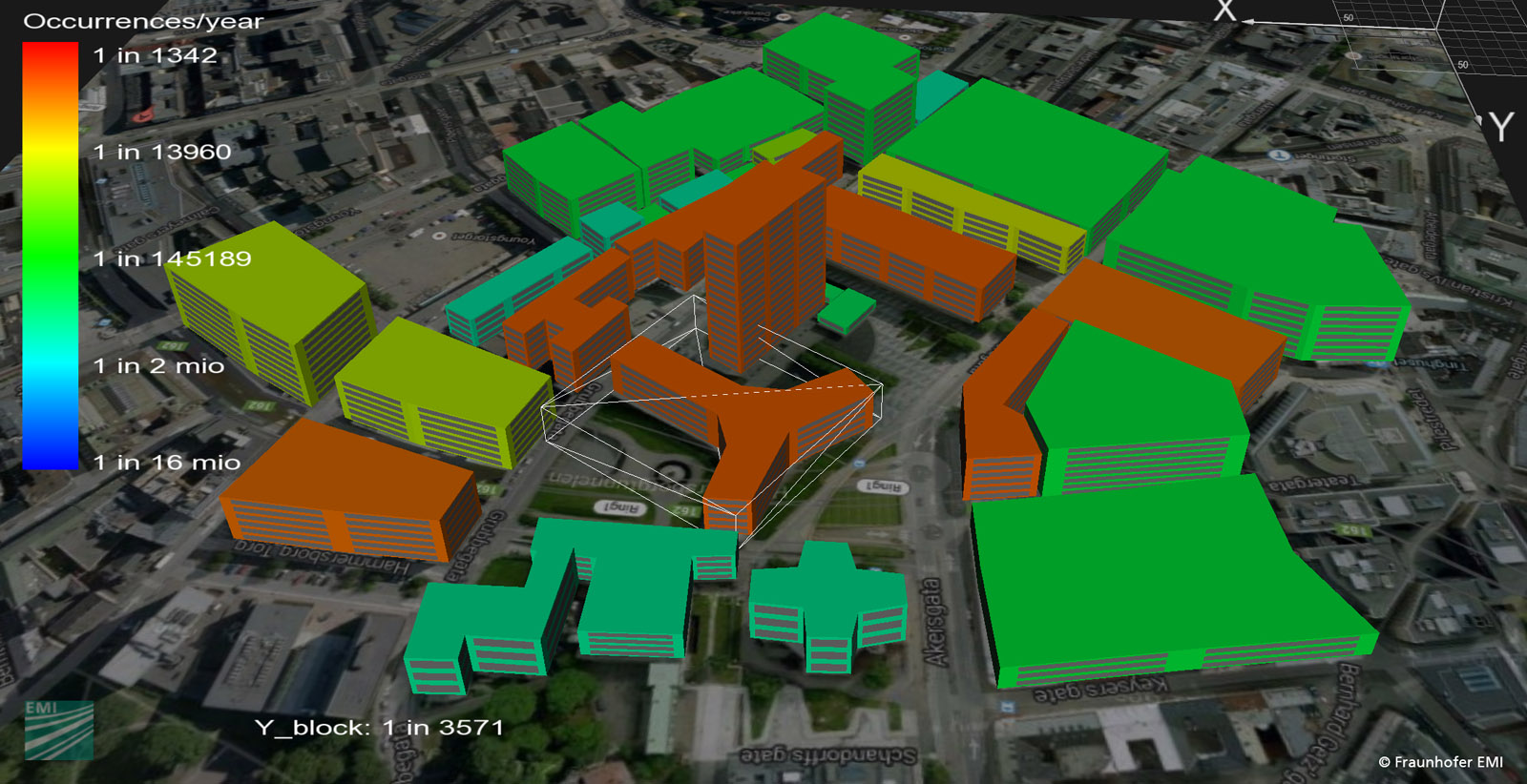 Risk analysis of an urban area in Oslo which includes empirical data on the use of buildings. 