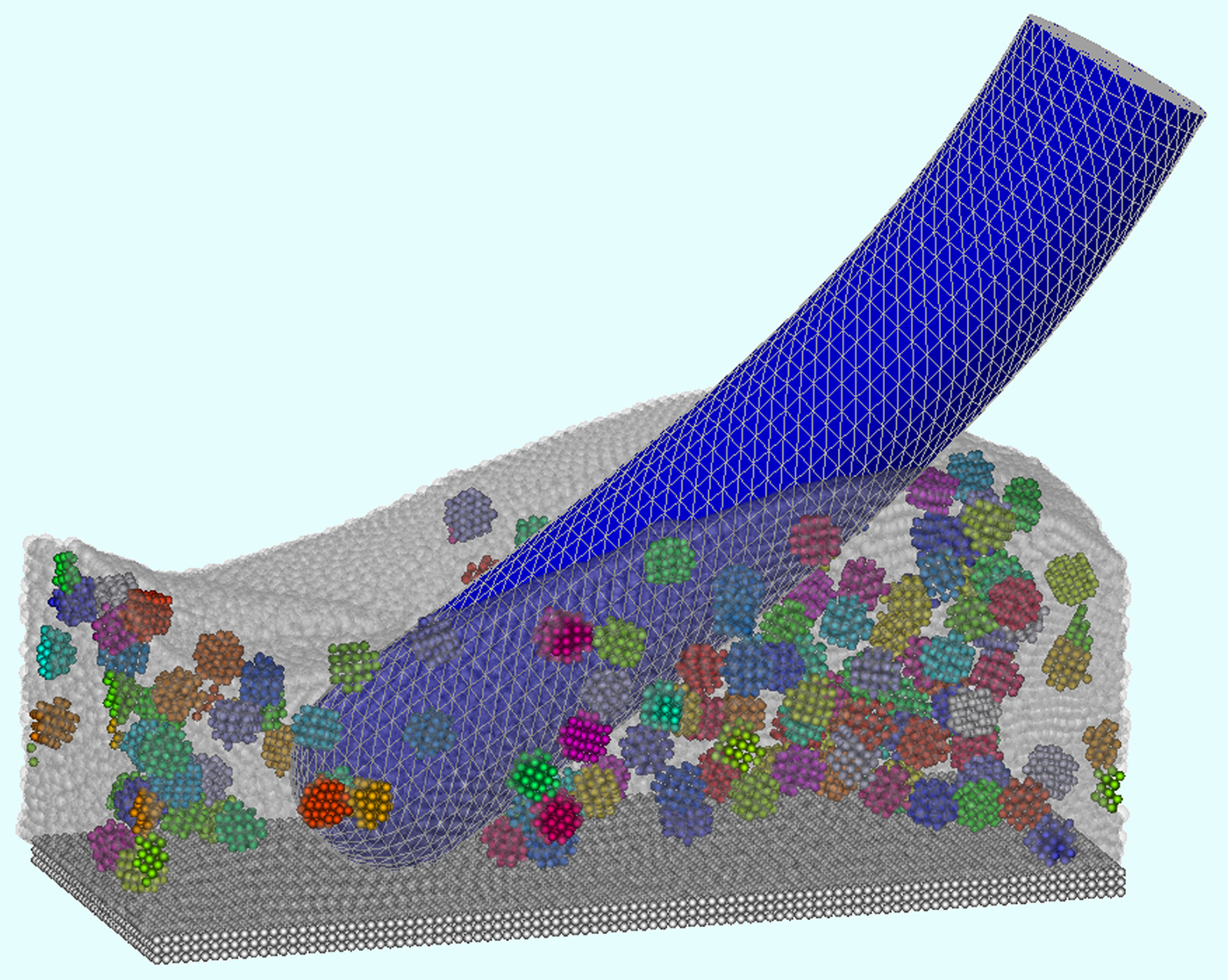 Simulation of interaction between a toothbrush bristle and a suspension with spherical abrasive particles.