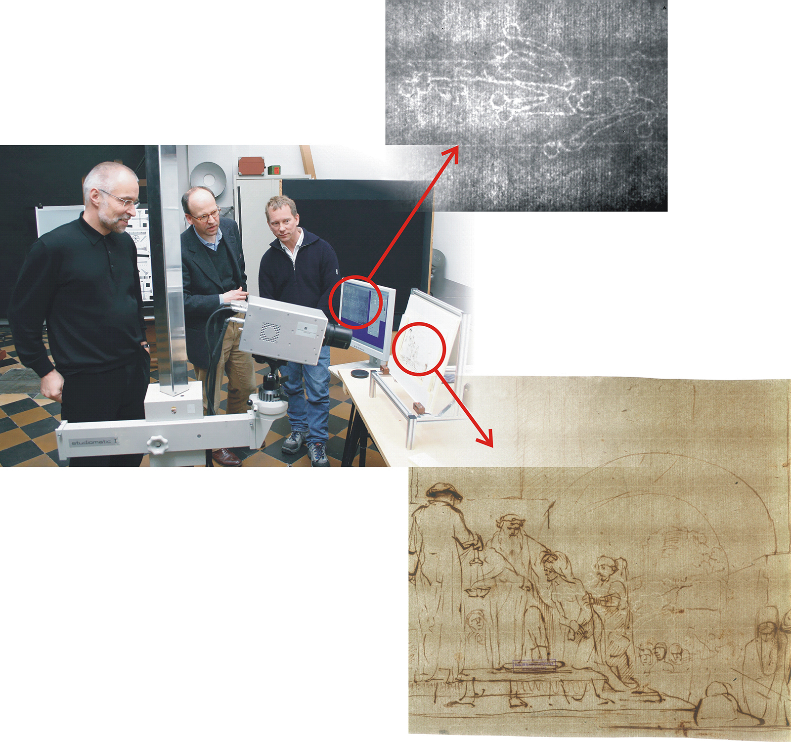Photo of a drawing by Jan Lievens of the Rembrandt School (left). In this backlit image, the crowned fleur-de-lis watermark is not visible, unlike in the thermographic image on the right.