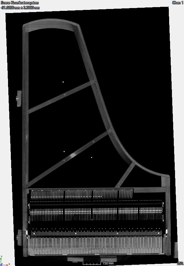 X-ray view of the internal structure and components of a pianoforte.