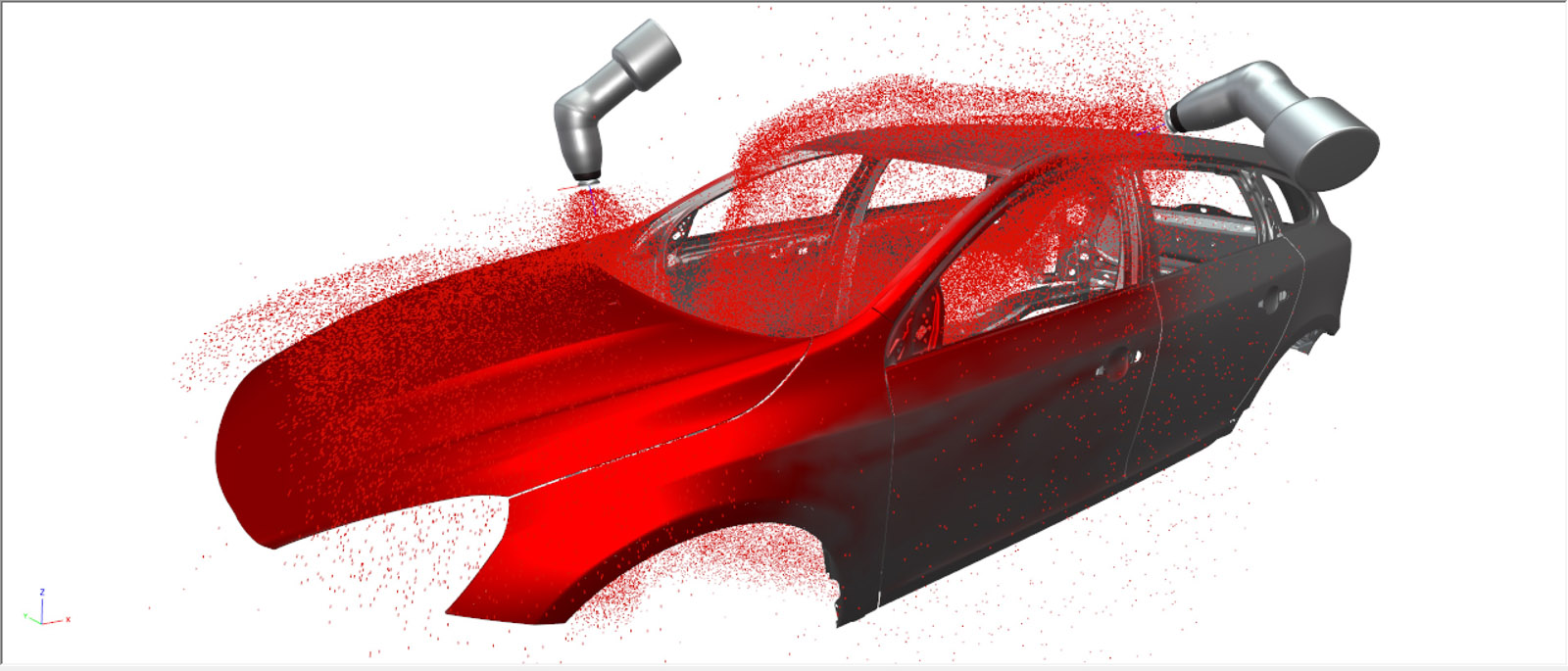 Multi-physical simulation of a high-rotation atomizer with internal charging. In this example, the simulation is being used to calculate the drop trajectory on the car body of a Volvo V60.