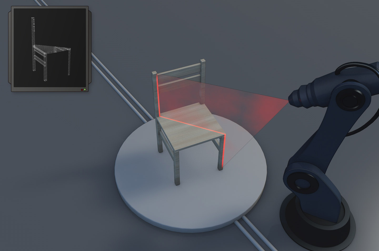 Schematic representation of the 3D scanning process, in this example for a chair.
