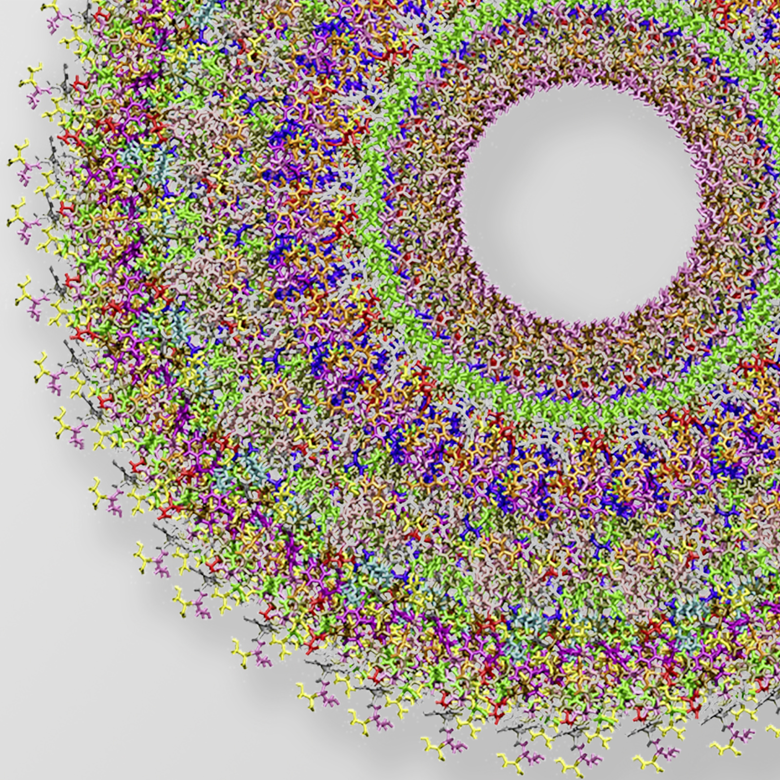 Even tiny objects can be depicted in detail: here an atomistic model of the tobacco mosaic virus. The tubular virus is about 300 nm long and 18 nm in diameter.