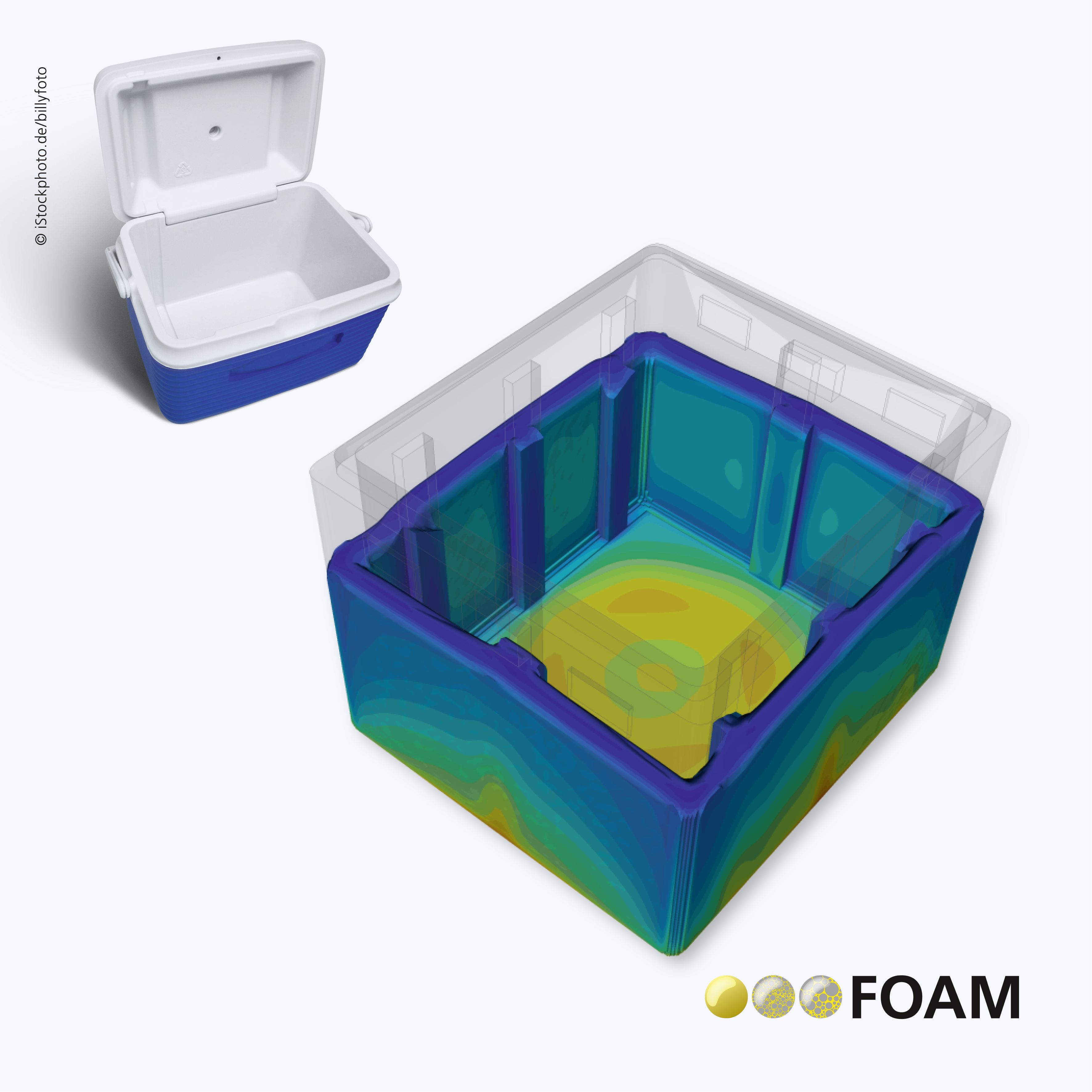 PU expansion simulation with FOAM for manufacturing a cooler.