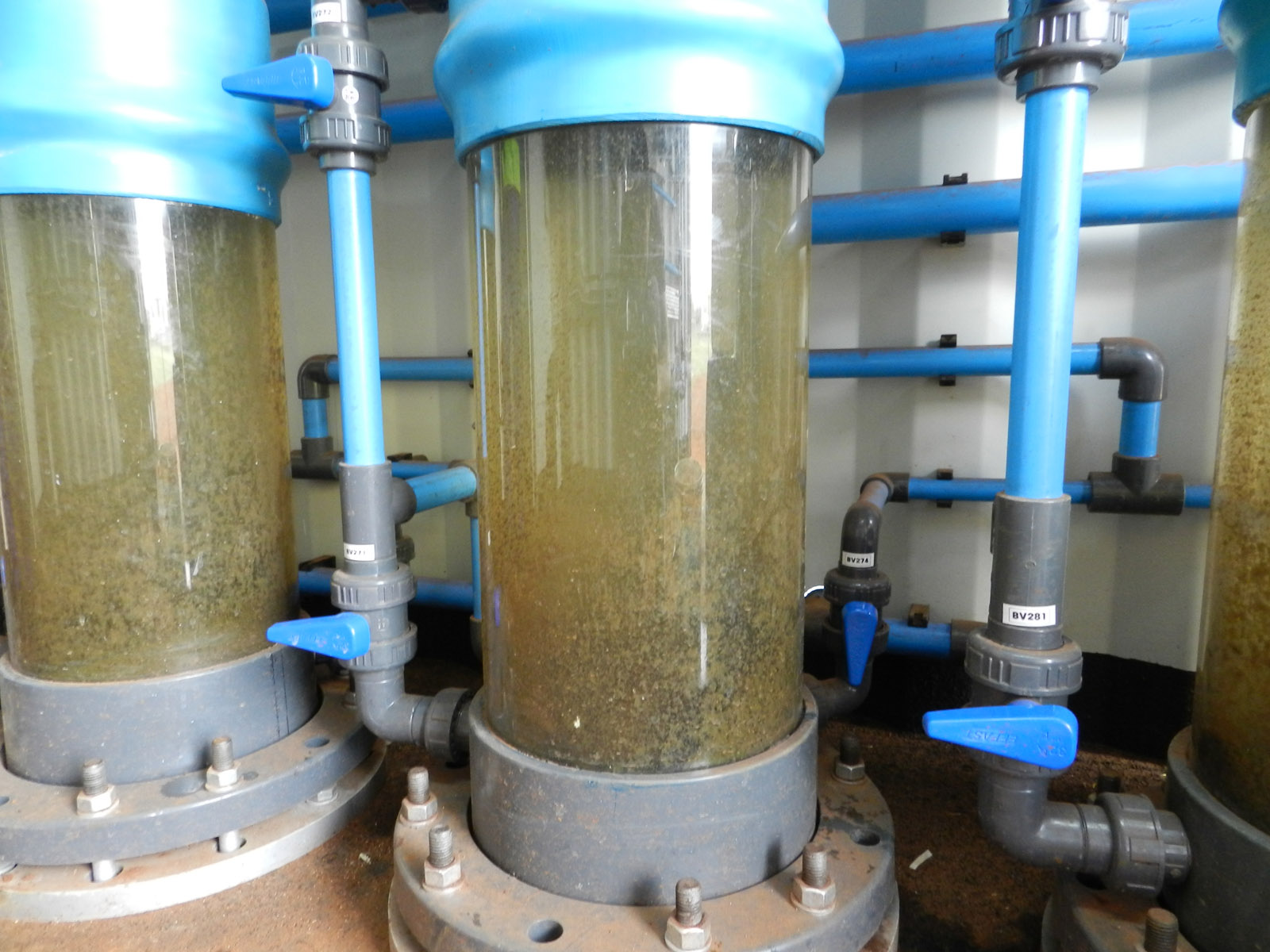 Coagulation and flocculation columns for purifying the river water.