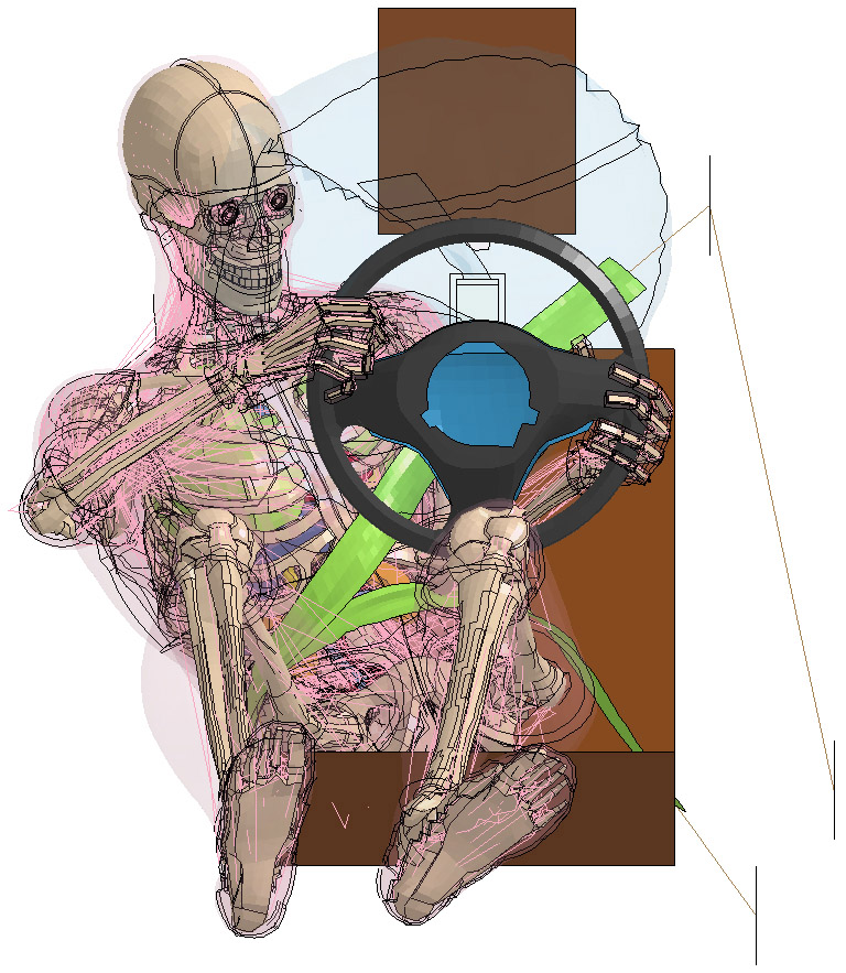 Offset-crash simulation in which THUMS™ v5.01 has tensed muscles. It clearly illustrates the possible challenges for passive safety in an accident scenario other than a frontal collision: the shoulder harness slips off.