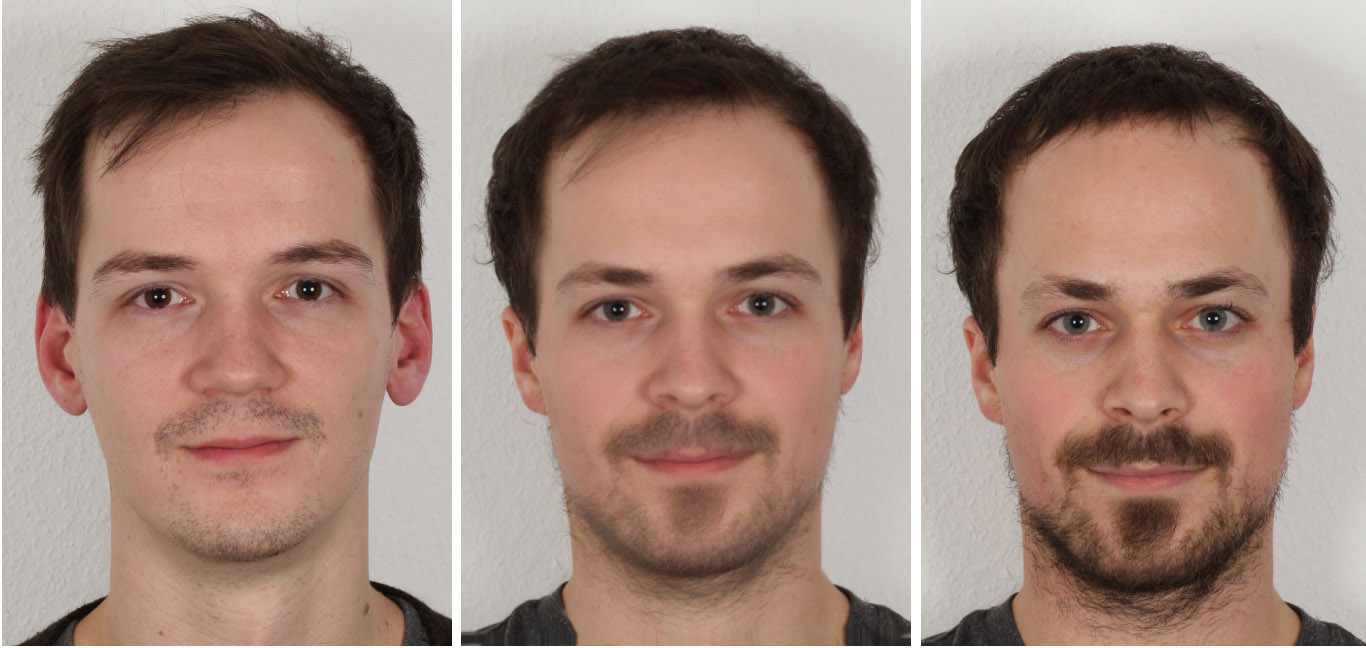 Illustration of a face morphing attack. The original images on the left and right were morphed to create the fake image (center).