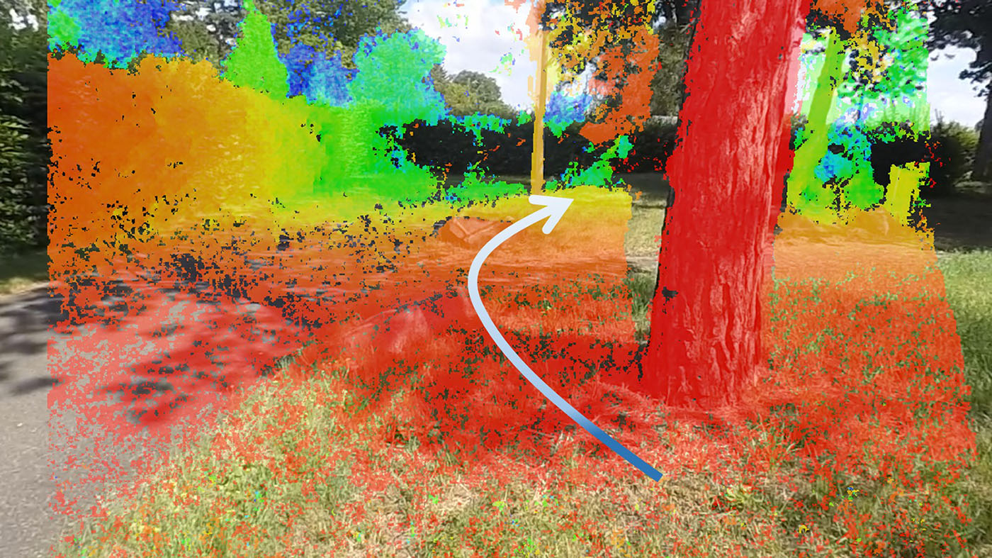 The same image with overlaid depth information from the stereo image analysis, highlighting close obstacles in red. The arrow indicates the resulting recommended evasive path.