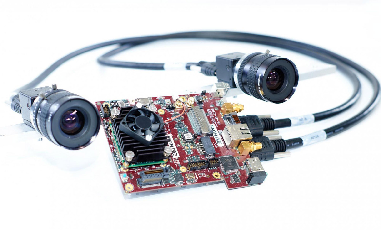 The stereo camera and the embedded system installed on the drone.