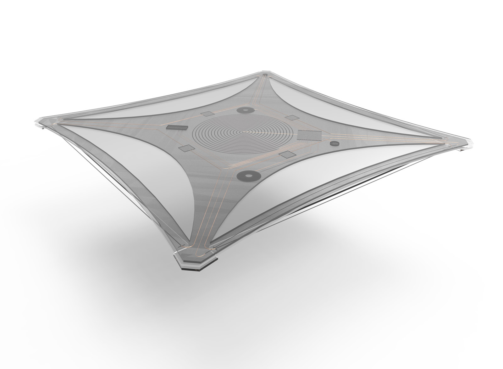 A flexible, shape-memory tray – laminated structure with integrated actuator, sensor technology and control electronics.