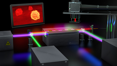 Quantum imaging setup for the microscopic examination of cancer cells.