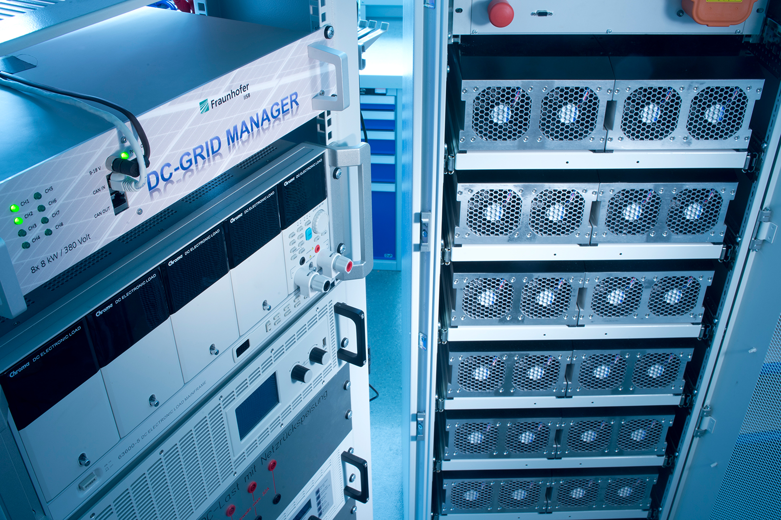 Electronic power converters and a stationary battery storage system at Fraunhofer IISB.