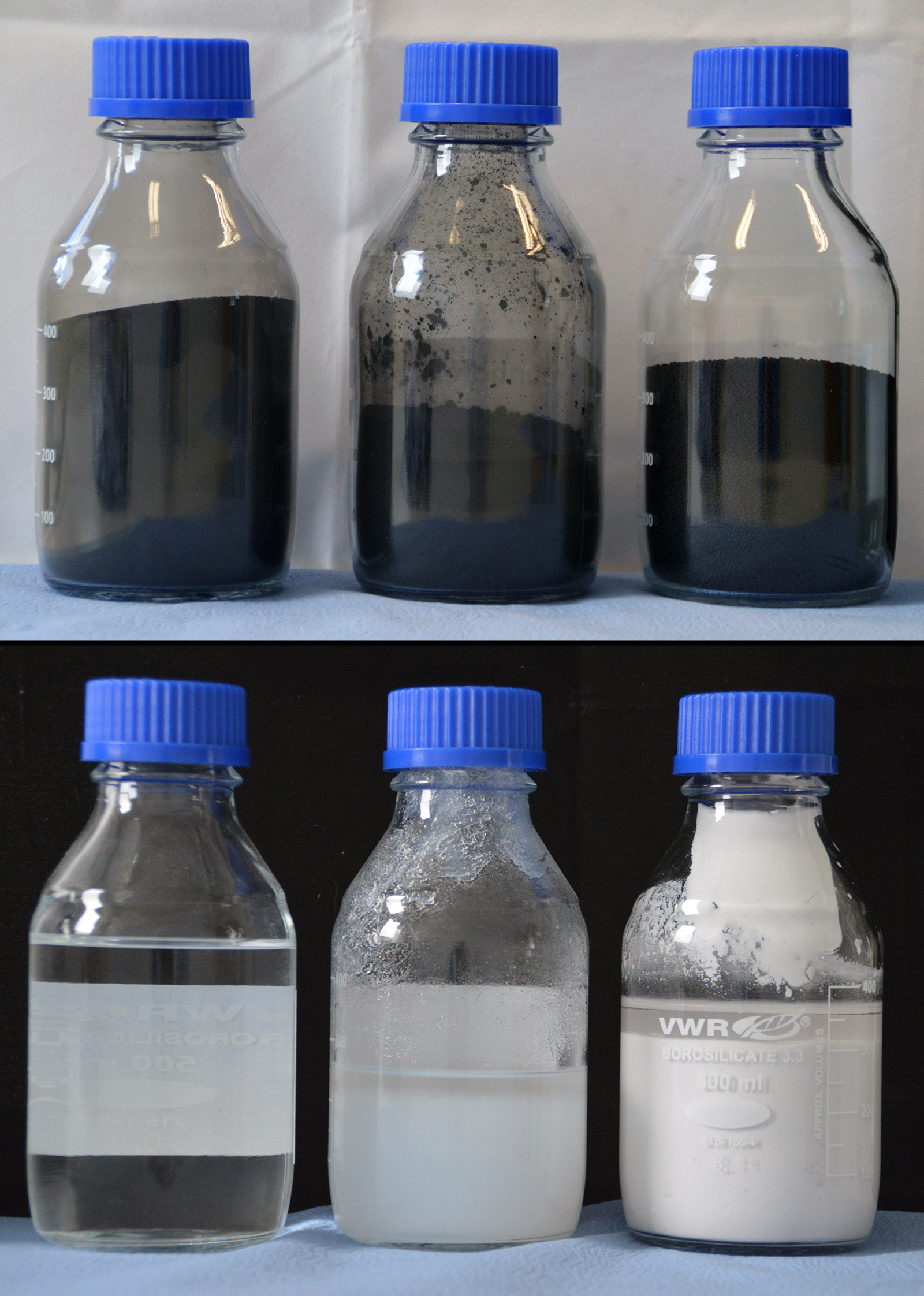 Top, primary product from left to right: raw rCB, clean rCB (96+), pearlized clean rCB (96+). Bottom, secondary products recovered from the ash, from left to right: liquid sodium silicate or "water glass", precipitated SiO2, precipitated ZnSO4.
