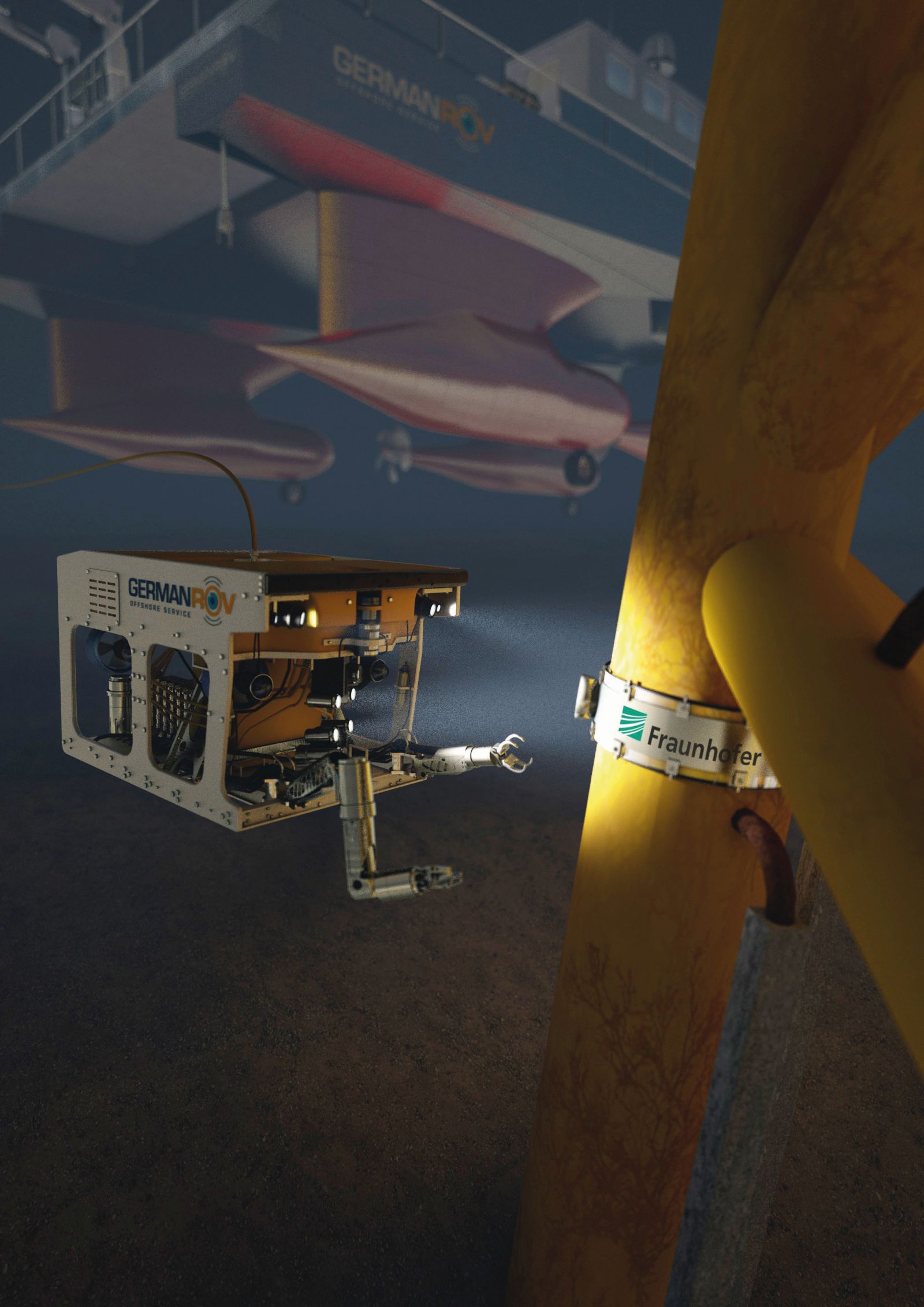 Virtual docking maneuver of an underwater vehicle to an offshore wind turbine.