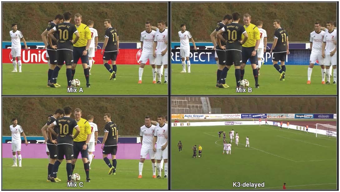 Soccer players in front of LED boards: The magenta-colored surface only appears for 2 milliseconds and is invisible to both spectators in the stadium and TV viewers. They only see the advertising that is intended for them.