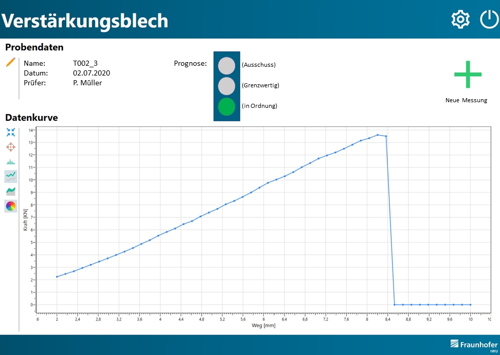 The software uses machine learning algorithms to analyze the data from numer-ous measuring points and assess the suitability of the sheet metal for the production process. The traffic light symbol shows the result: “Scrap” (Ausschuss), “marginally usable” (Grenzwertig) or “OK” (In Ordnung).