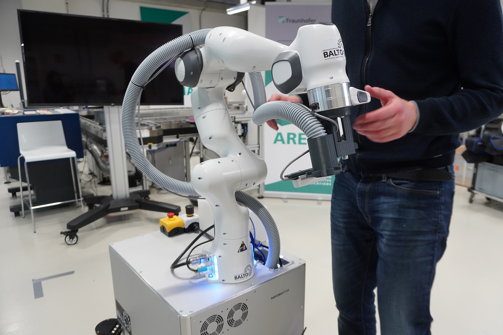 A disinfection robot de-monstrator in use at NOI Techpark in Bozen.