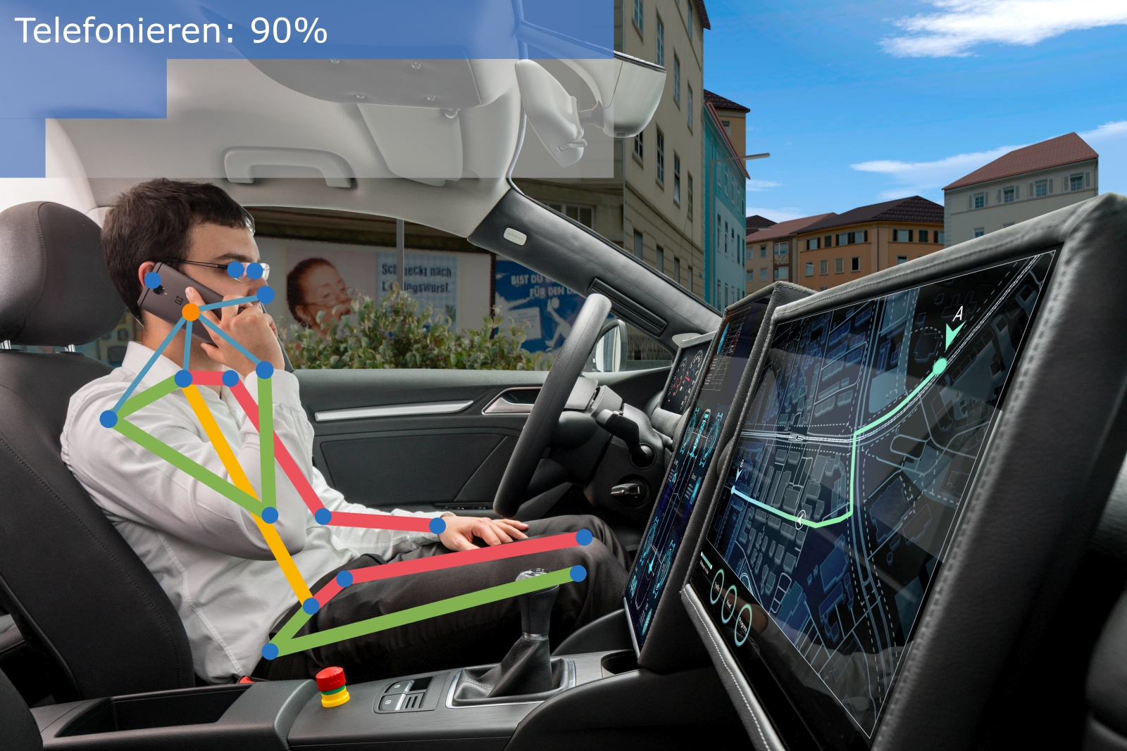 In addition to the body poses of all passengers, the occupant monitoring system developed by Fraunhofer IOSB also detects activities and associated objects.