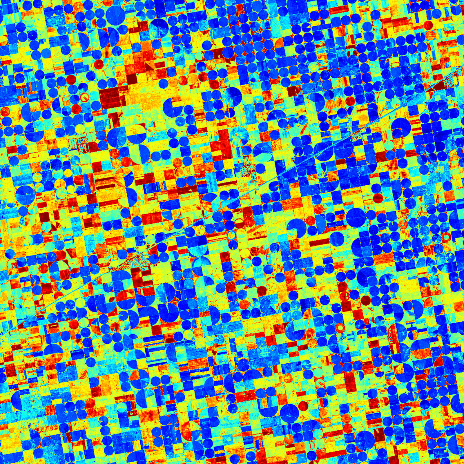 Agricultural areas, viewed from the satellite with the thermal imaging camera. In the example analysis, red represents high temperatures and impending water shortages.