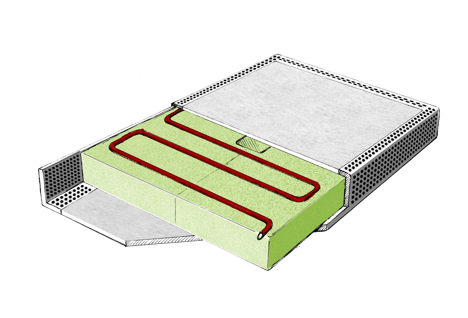 The layout of the drying module: The heating wire is embedded in non-flammable mineral fiber. The water vapor emitted can dissipate through the permeable material.