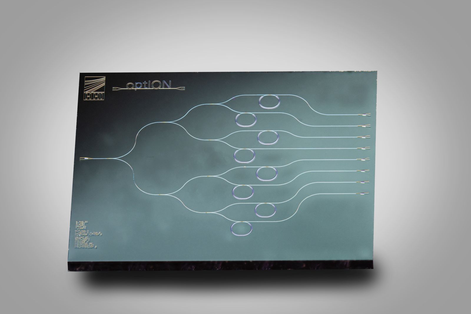 One of the photonic sensor chips developed as part of the optION project with eight sensor channels made from silicon nitride.