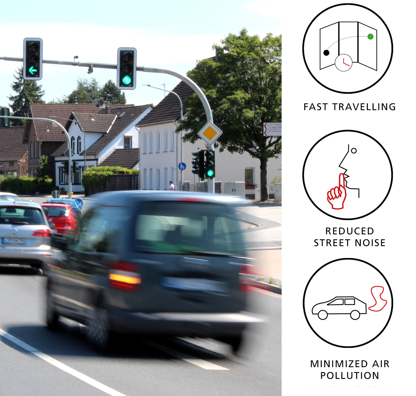 The trained algorithms calculate optimum traffic light changing behavior to optimize the flow of traffic and reduce the noise and CO2 pollution from the traffic jams.