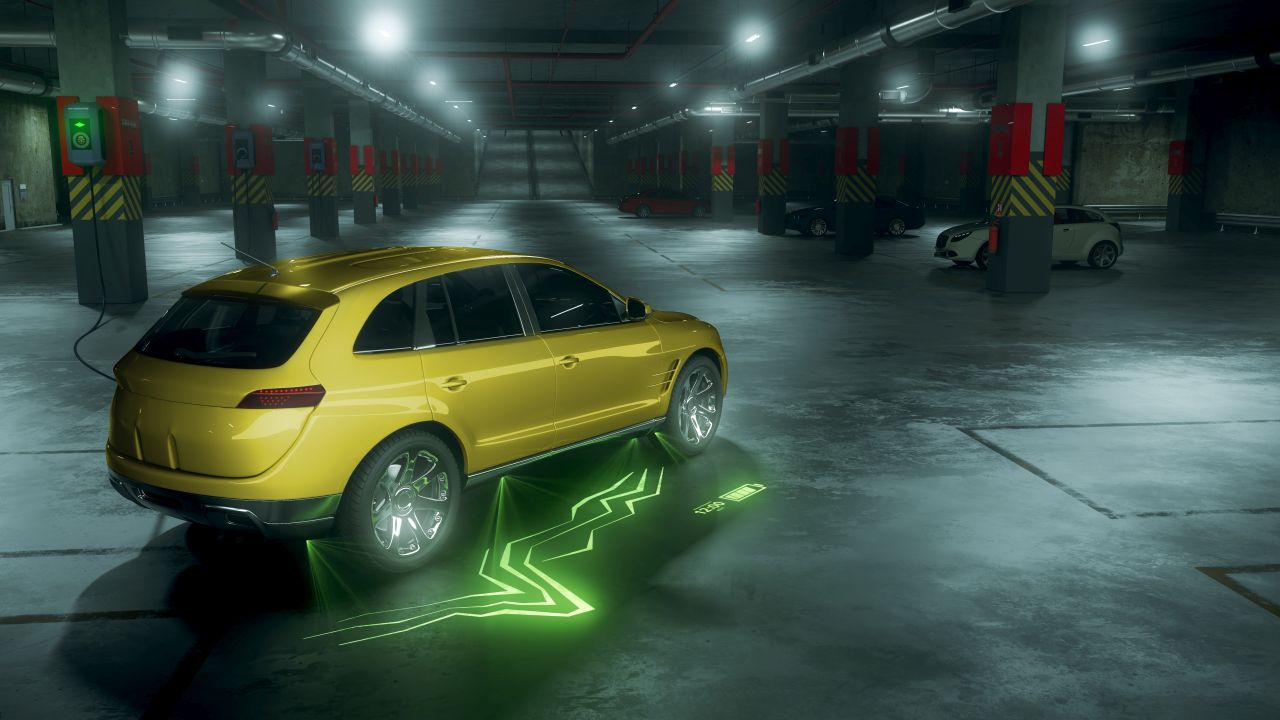 The 3D rendering visualizes a possible application scenario involving the holographic ground projector.