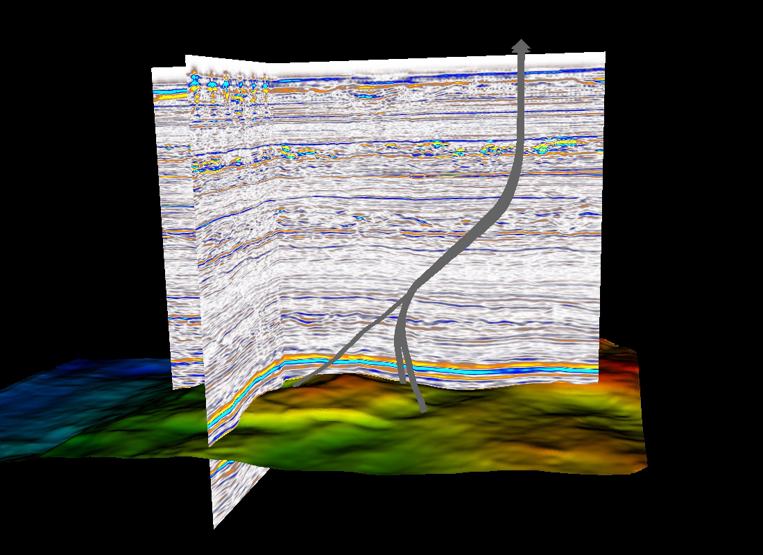 Typische seismische Untergrunddarstellung mit eingepflegten Bohrlochpfaden und der Oberfläche einer Gesteinsschicht.  Datenmaterial zur Verfügung gestellt durch Equinor und den Volve-Lizenz Partnern.