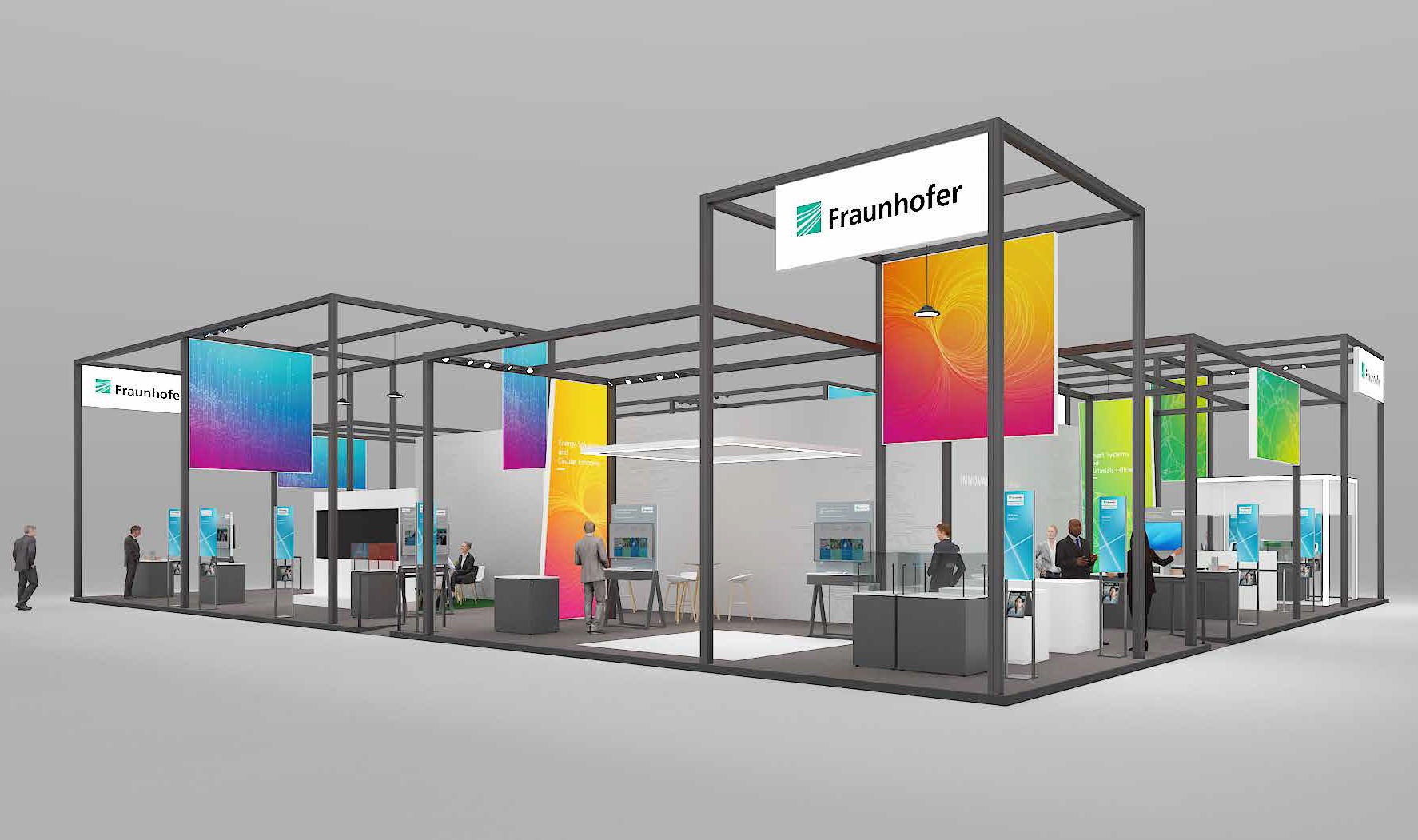 Auf der Hannover Messe 2025 präsentieren 13 Fraunhofer-Institute, -Verbünde und -Allianzen 38 Exponate aus den Themenbereichen AI for Industrial Innovation (blau), Energy Solutions and Circular Economy (orange) sowie Smart Systems and Materials Efficiency (grün).