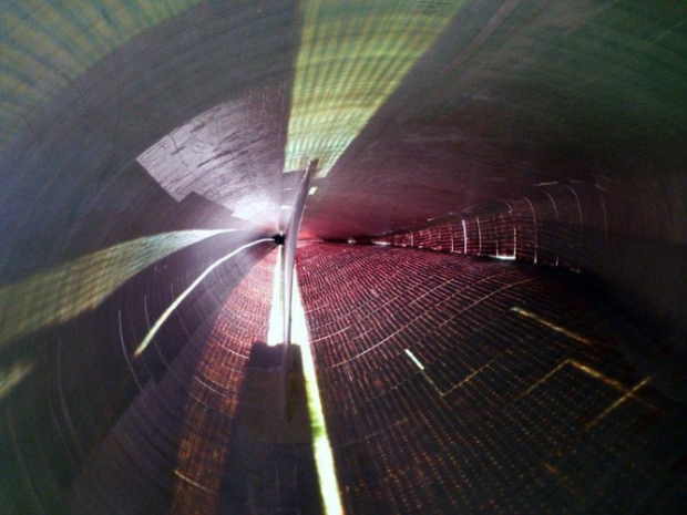 View into the interior of a wind turbine rotor blade. 
