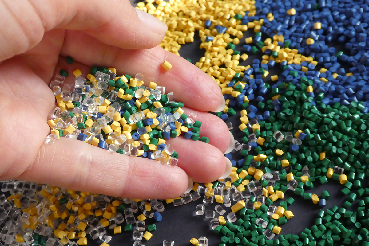 Colorful mixture of plastic granules: A colorful mix of materials is problematic for sorting and recycling technologies.