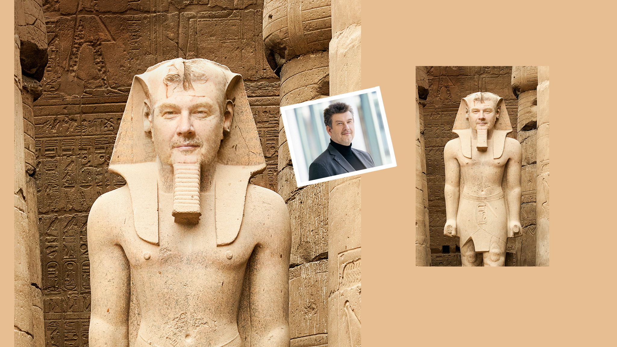 Bildnis von Ramses II im ägyptischen Luxor Tempel mit den Gesichtszügen vom Forscher Steinebach, mit KI erstellt.